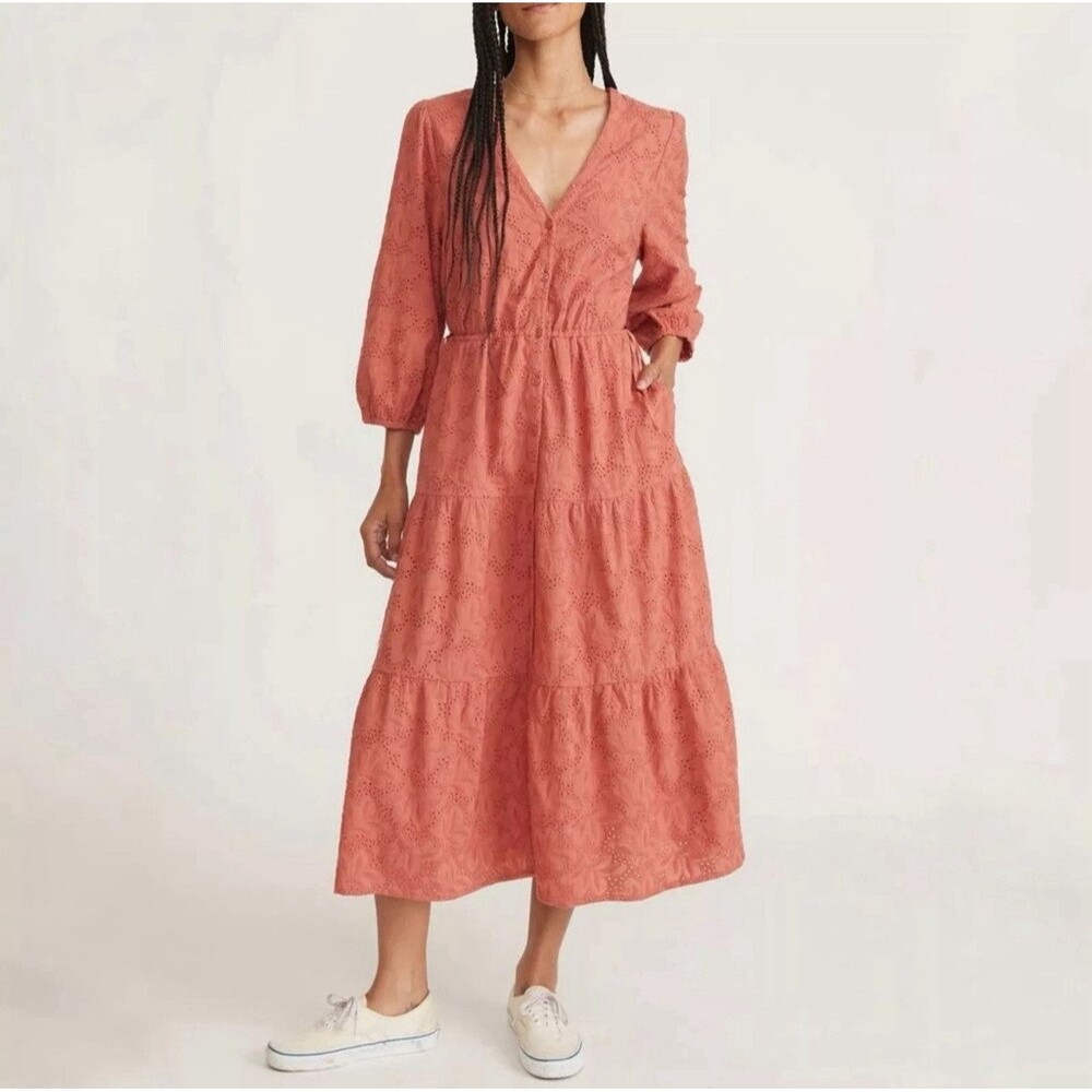 NWT Marine Layer Midi Dress MEDIUM Willow Eyelet Embroidered Tiered Button Up